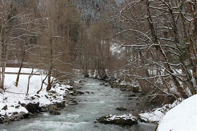 Rivière le Borne entre les berges enneigées en hiver près du chalet Tyson City